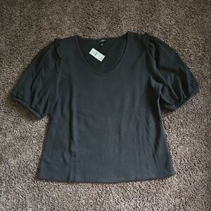 NEW Talbots Black Ribbed Short Ruffle Puff Sleeve Top M